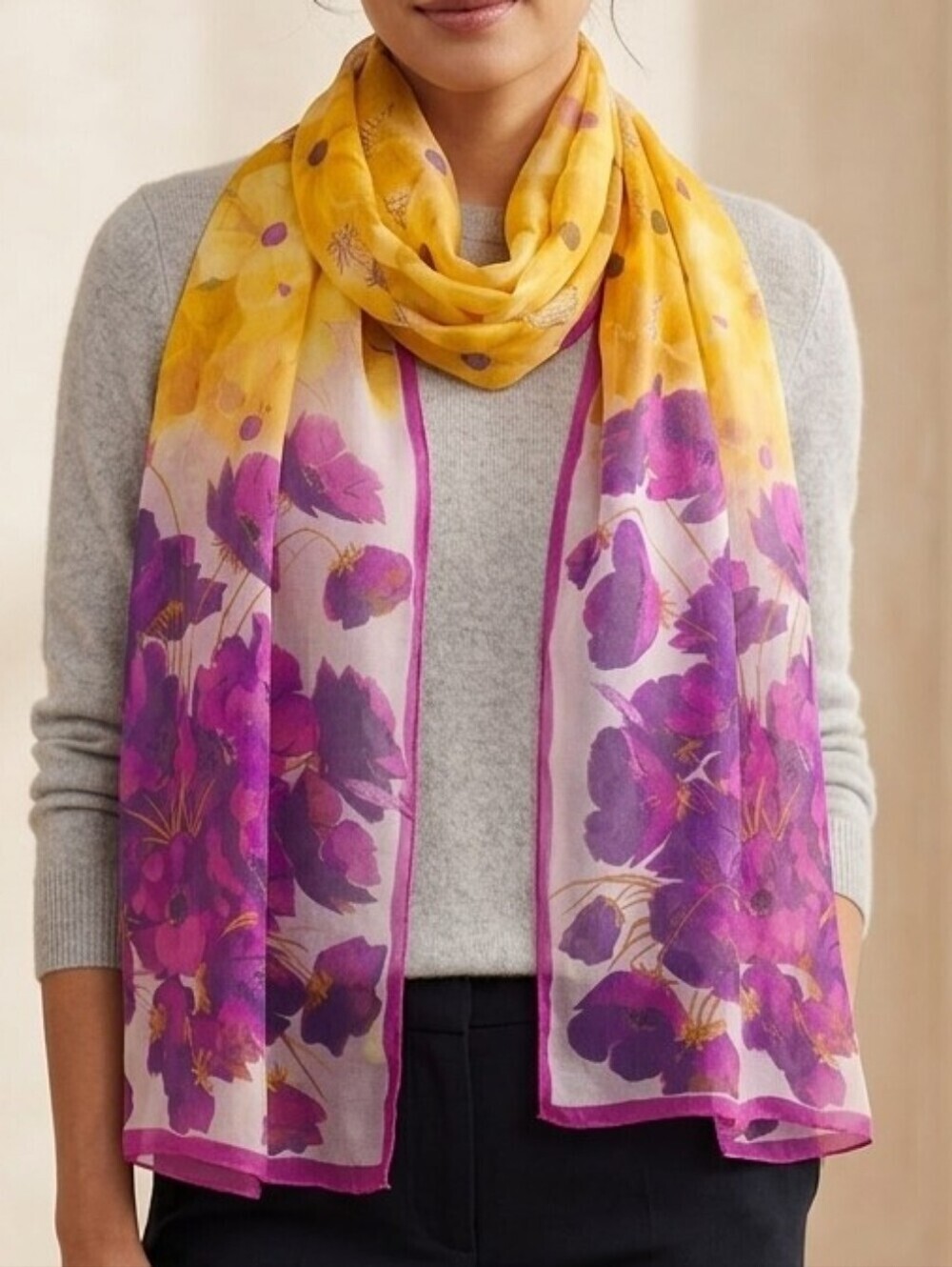 Beautiful Floral Botanical Print Neck Scarf Wrap Shawl Yellow & Purple 63" × 20"